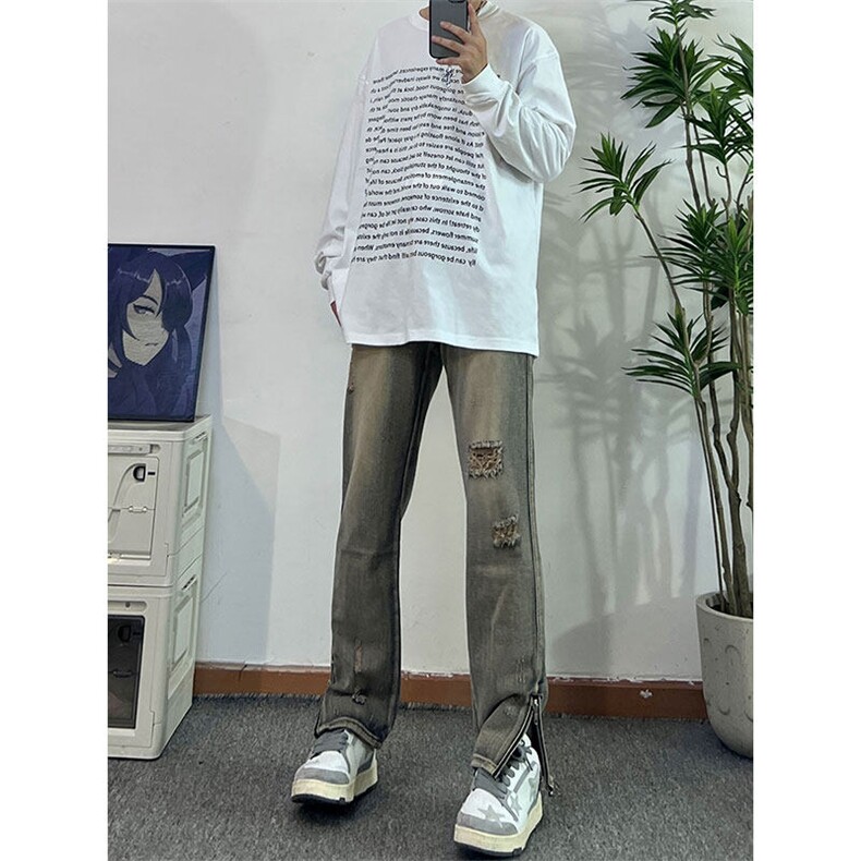 欧美hiphop街头破洞牛仔裤直筒微喇叭修身vibe美式乞丐裤潮牌,男装牛仔裤,星座310A-4