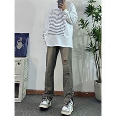欧美hiphop街头破洞牛仔裤直筒微喇叭修身vibe美式乞丐裤潮牌，男装牛仔裤，星座310A-4