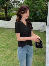 短袖螺纹棉t恤2024夏季新短款不规则下摆开叉设计感小众v领上衣装，女装T恤，鑫慧