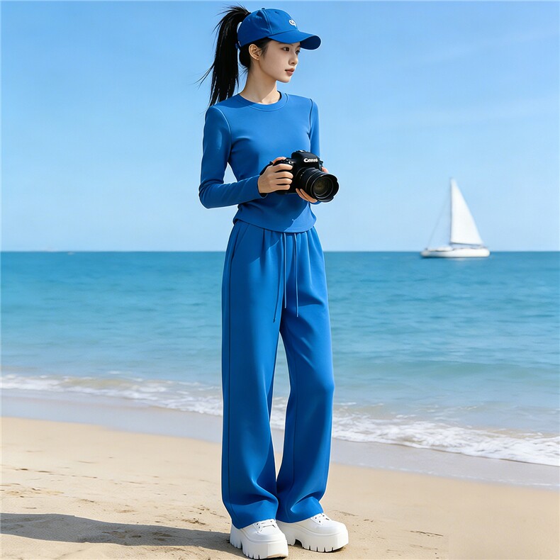 盐系高级感时尚气质套装女春季新款圆领长袖上衣阔腿长裤两件套潮，女装套装/套裙，江南