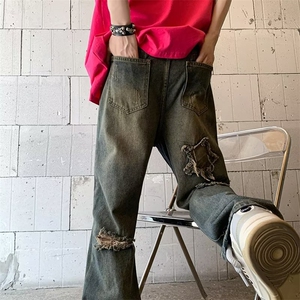 夏季破洞做旧牛仔裤子男款美式复古宽松百搭直筒裤高街痞帅阔腿裤图片