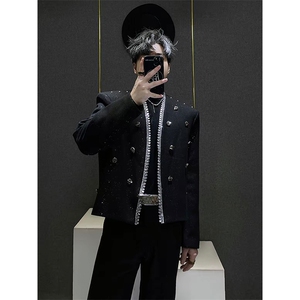 网图短款西装外套男满天星细闪柳钉手工钻设计感宽松西服XZ19P148