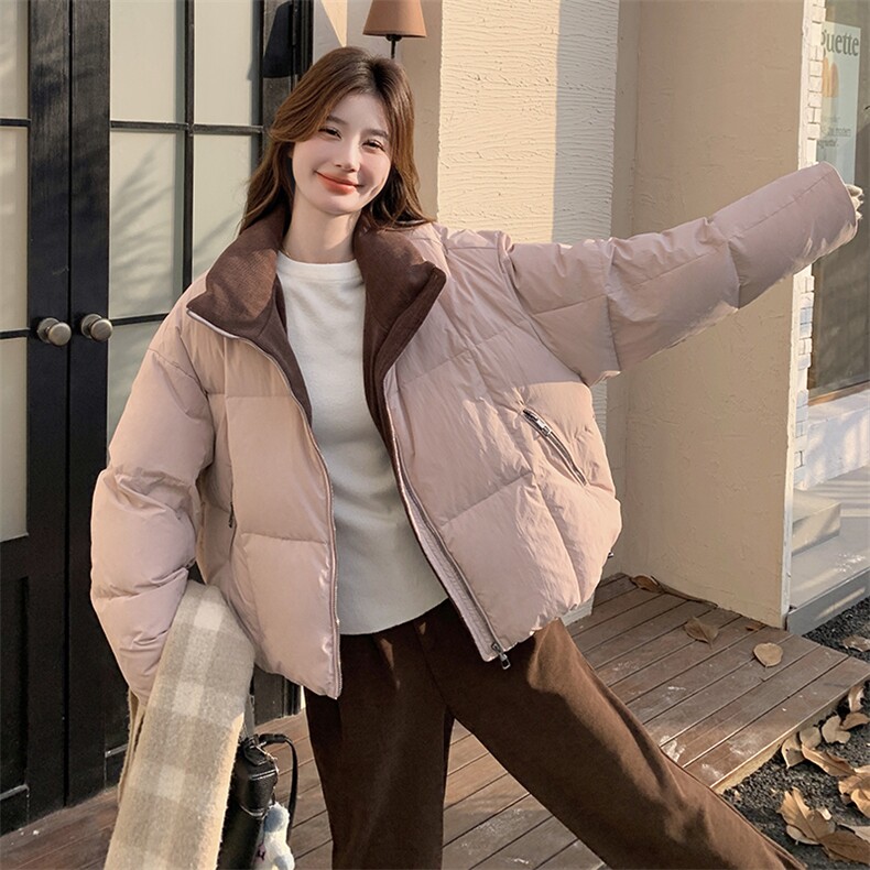 灯芯绒拼接粉色羽绒服女冬季2025新款短款小个子简约白鸭绒外套,女装羽绒服,2C129