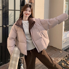 灯芯绒拼接粉色羽绒服女冬季2025新款短款小个子简约白鸭绒外套，女装羽绒服，2C129