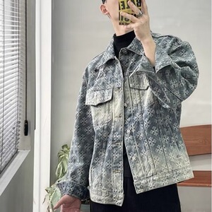W363-P75 潮牌个性满印字母复古牛仔翻领衬衣外套男生2025图片