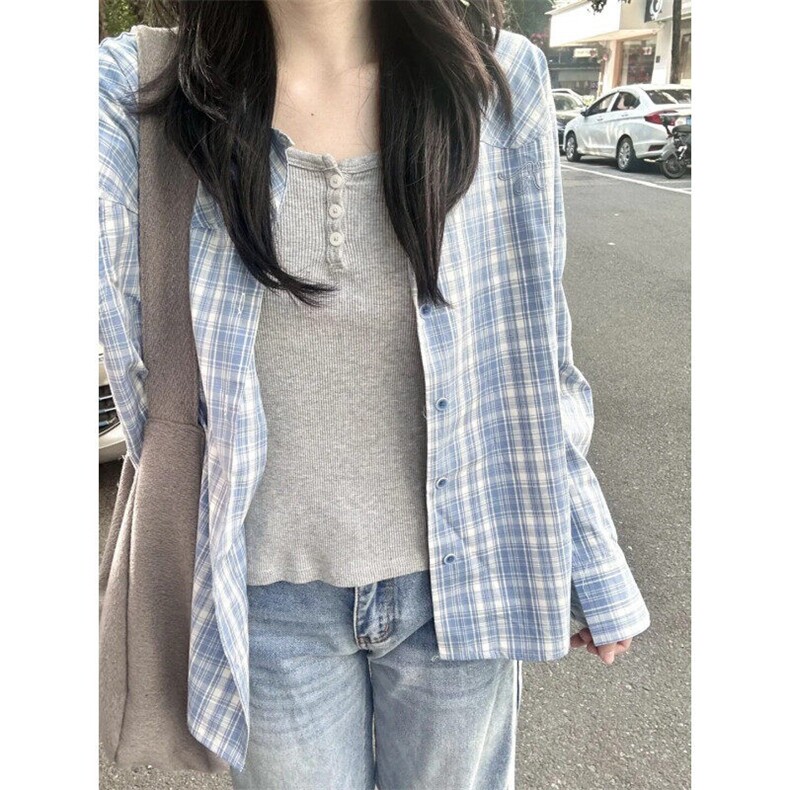 CS78LL-P54美式复古蓝色格子衬衫高级感痞帅长袖衬衣,男装衬衫,星座1007（原301D）
