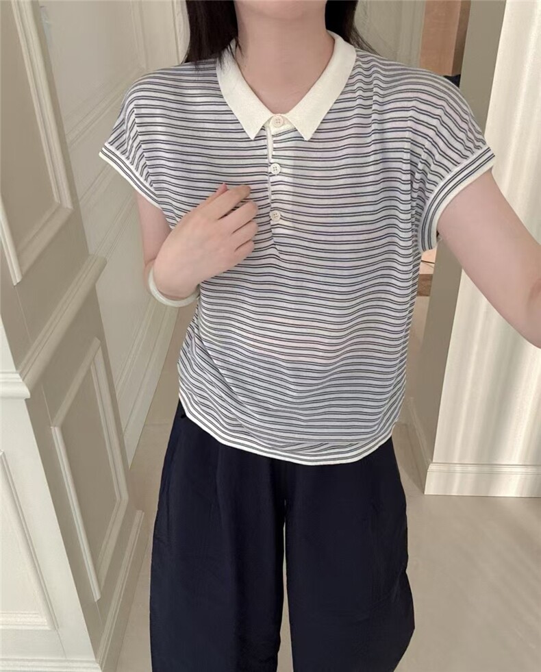 2025百搭时尚简约天丝莱赛尔窄条纹POLO领，女装针织衫/毛衣，晨旭羊绒