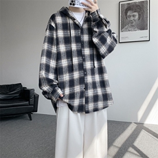 S-3XL色织格纹连帽衬衫男宽松美复古磨毛黑白格子外套CS535P48特，男装衬衫，电商D206-1