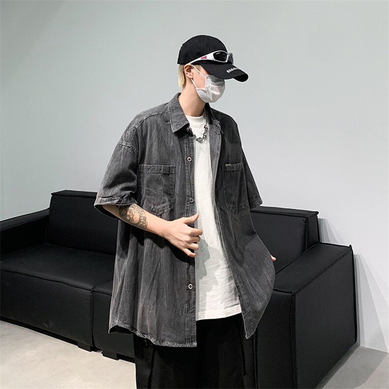 日系新款牛仔短袖复古水洗夏季薄款简约风百搭衬衫图片