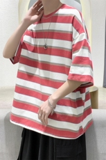 现货2022港风大码条纹短袖休闲圆领男T恤上衣D201-DM511-P30，男装T恤，电商D321-1