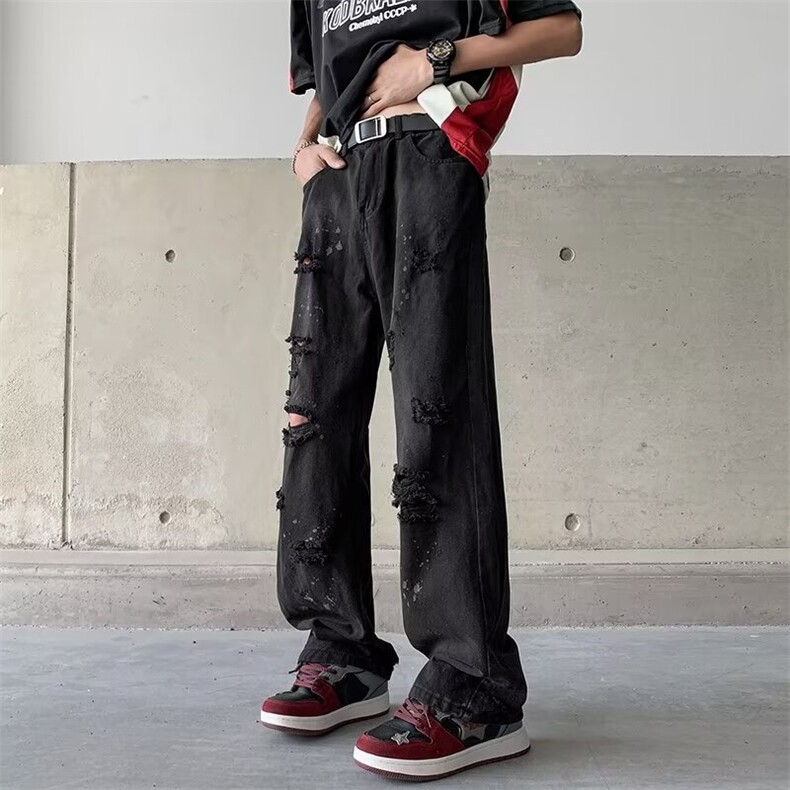 春秋新款破洞牛仔裤黄泥染男直筒宽松高街欧美夏季裤子潮美式修身，男装牛仔裤，星座1013