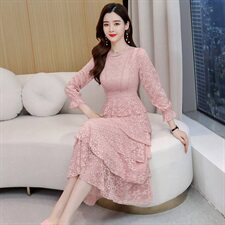 纯色蕾丝2021年春季时尚潮流舒适简约个性中长款长袖连衣裙，女装连衣裙，尚洛菲