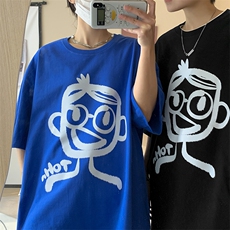 大码夏季宽松港风男装笑脸印花T恤宽松情侣上衣A071-5516-P28，男装T恤，电商A071
