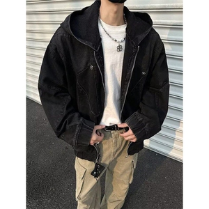 小众重工解构做旧垫肩连帽牛仔外套金属点缀青少年宽松型NY3577