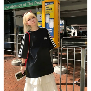 抖音得物供货240克宽松纯棉美式潮牌印花三杠全带短袖T恤AT1403图片
