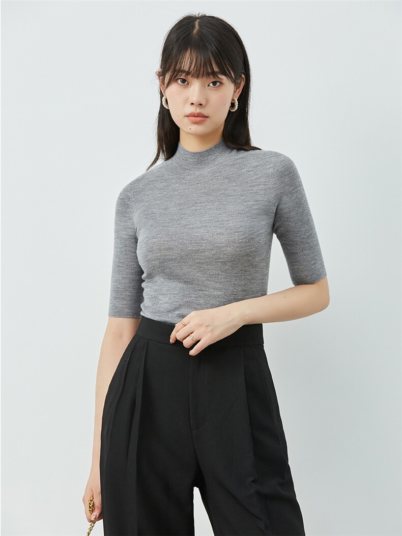 反季清仓半高领短袖针织衫女短款套头五分袖打底衫宽松中袖羊毛衫图片