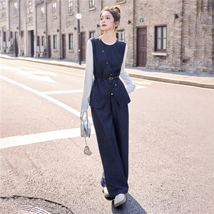 现货老钱风气质时髦马甲套装女2026春季休闲长袖t恤阔腿裤三件套图片