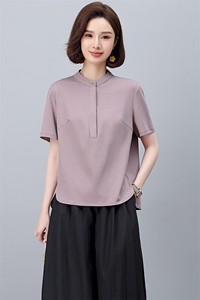 SHUYE原创设计 文艺休闲宽松百搭独特裁设计小立领短袖T恤女2025图片