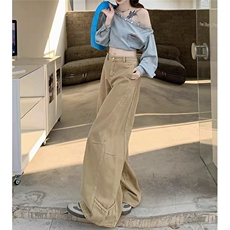卡其色工装牛仔裤女2025秋季新款复古美式高腰宽松阔腿拖地长裤，男装牛仔裤，星座813-2