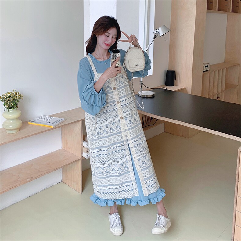 现货2026秋装蓝色连衣裙+白色马甲两件套2C056-6803-P155控218,女装连衣裙,2C056