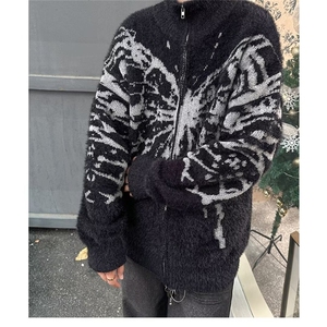 美式复古蝴蝶拉链毛衣外套春秋季水貂绒慵懒风宽松针织开衫上衣图片