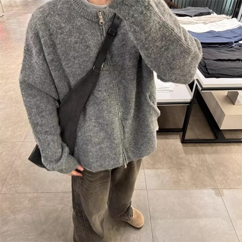 灰色高级感开衫毛衣男秋冬松弛感慵懒风针织衫格雷miu系穿搭外套,男装针织衫/毛衣,星座1116A（原606A-3）