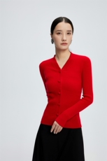 秋冬新款v领女纽扣修身红色开衫上衣针织，女装针织衫/毛衣，玛卡隆羊绒