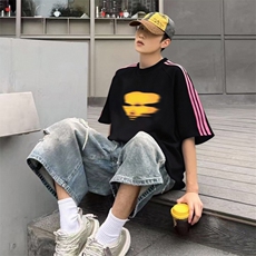 抖音得物品质二开240克宽松纯棉美式潮牌印花三条杠中性风短袖T恤，男装T恤，电商A486-1