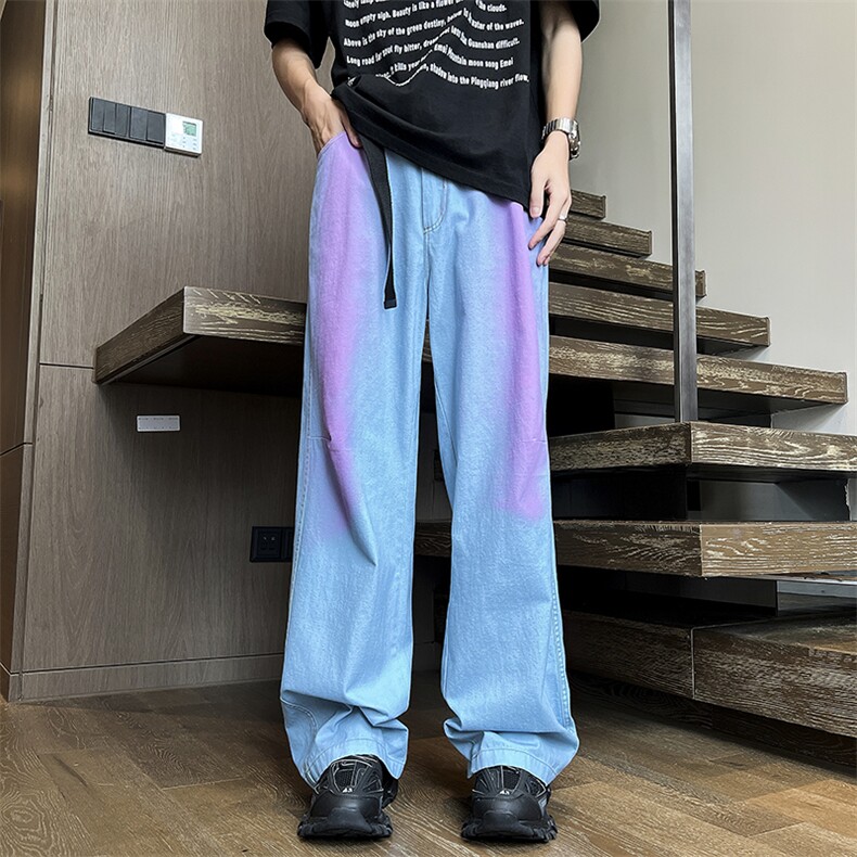 渐变色牛仔裤男士韩版潮流高街阔腿2024夏季新款is长裤RK1871-P55，男装牛仔裤，星座412-3