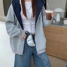 抖音得物二开美式高街重磅结构双层撞色连帽卫衣开衫外套W116，男装卫衣，电商A486