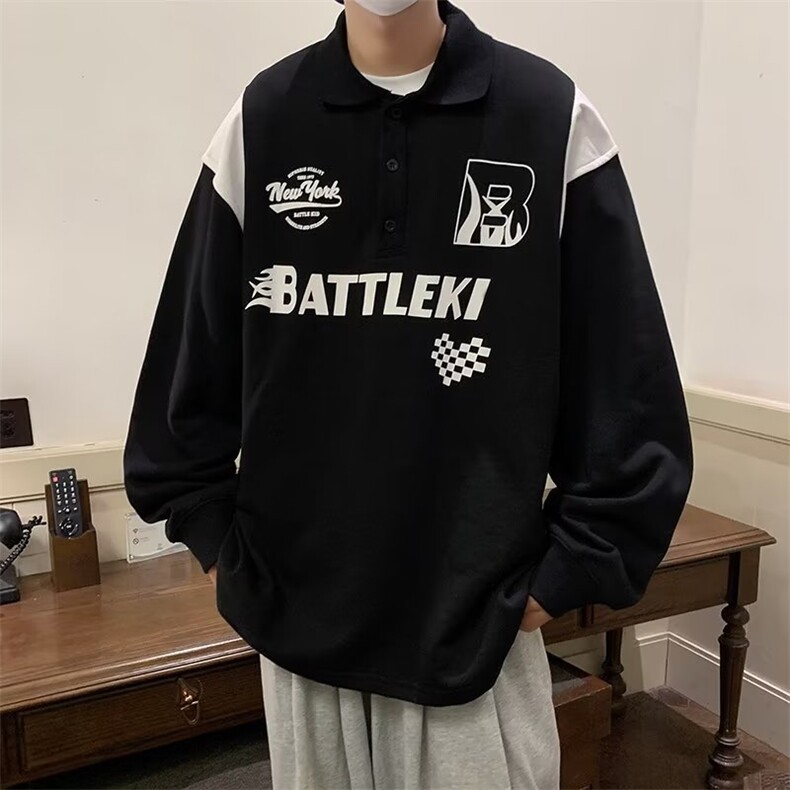 美式复古印花赛车服长袖POLO衫男女宽松百搭潮流卫衣W3451-P33,男装Polo衫,星座412-2
