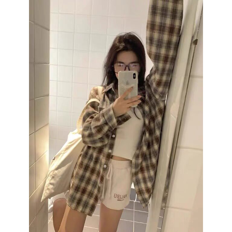 复古chic卡其色格子衬衫外套女春秋2025新款宽松长袖衬衣外穿上衣,男装衬衫,星座1210-1