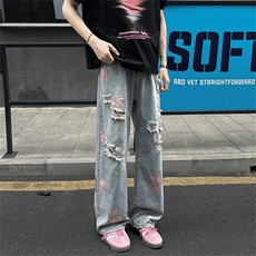 高街花卉破洞牛仔裤男女夏季痞帅满印裤子男牛仔裤潮NKS4126-p50，男装牛仔裤，星座302B