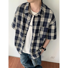 港风复古格子短袖衬衫男款夏季青少年潮流慵懒风宽松半袖衬衣外套，男装衬衫，电商A001