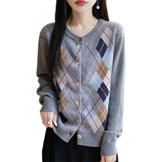春秋菱格提花100%羊毛针织开衫女圆领拼色加厚毛衣宽松羊绒衫外套，女装针织衫/毛衣，暖烁特种纱工厂店