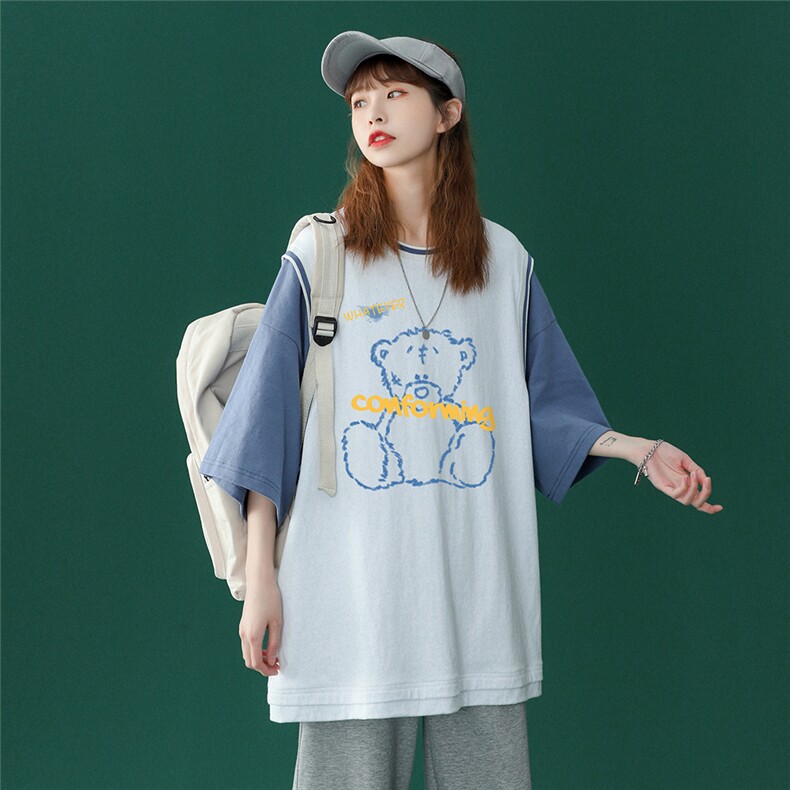 中性春夏新款宽松假两件撞色螺纹休闲上衣T恤T633P40控55，男装T恤，电商A268