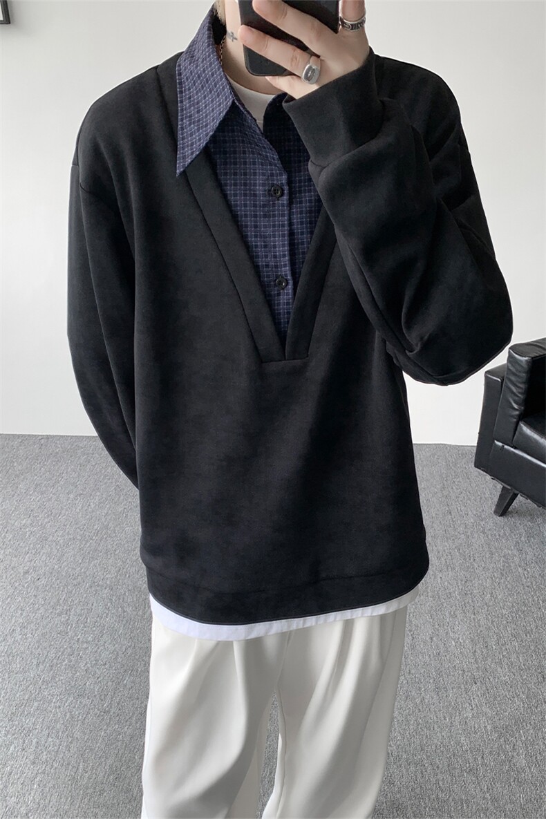 秋冬氛围感高街假两件卫衣经典格子假两件卫衣秋冬流行单品P55,男装卫衣,电商B319
