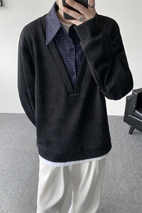 秋冬氛围感高街假两件卫衣经典格子假两件卫衣秋冬流行单品P55图片