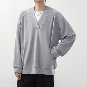 灰色基础款V领卫衣男女简约ins百搭休闲套头长袖体恤上衣 W65图片