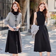 2025年秋季气质潮流女时尚针织毛衣优雅修身无袖连衣裙两件套装，女装套装/套裙，煊芮熙