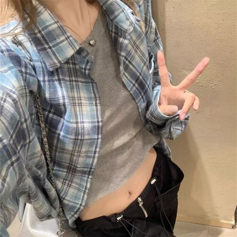 复古蓝色日系格子衬衫男女新款宽松百搭防晒衫513CS1909P32,男装防晒衣,星座513