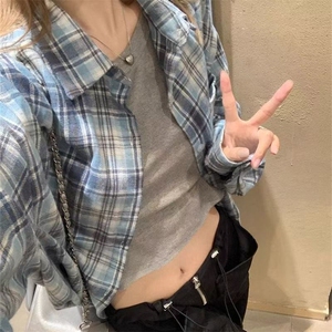 复古蓝色日系格子衬衫男女新款宽松百搭防晒衫 513CS1909P32图片