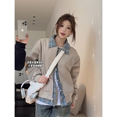 887-P63美式复古格子拼接假两件夹克男女cleanfit设计感，男装夹克，电商B323A