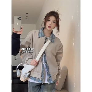 887-P63 美式复古格子拼接假两件夹克男女cleanfit设计感图片