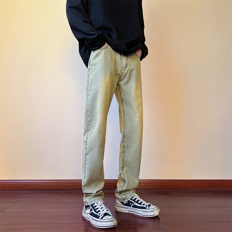 货足秋冬高街vibe修身长裤黄泥染拉链牛仔裤男K823-P55,男装牛仔裤,星座205