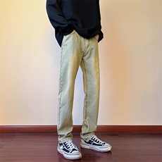 货足秋冬高街vibe修身长裤黄泥染拉链牛仔裤男K823-P55，男装牛仔裤，星座205