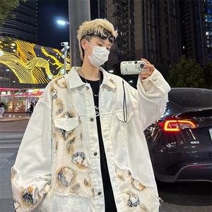 蕾丝拼接牛仔外套男设计感翻领夹克男宽松痞帅外套 J2166-P75图片