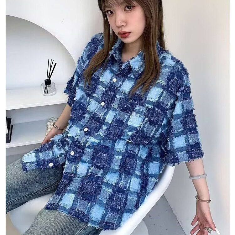 C93-P38格子美式半袖高街衬衫香风流苏高级痞帅衬衣休闲宽松,男装T恤,电商B323A