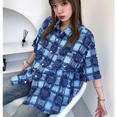 C93-P38格子美式半袖高街衬衫香风流苏高级痞帅衬衣休闲宽松，男装T恤，电商B323A