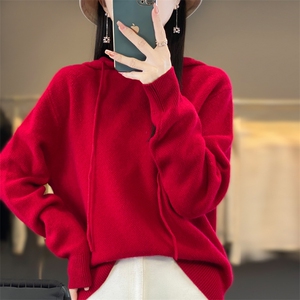 休闲连帽羊绒卫衣女秋冬宽松纯色百搭羊毛帽衫休闲针织上衣图片
